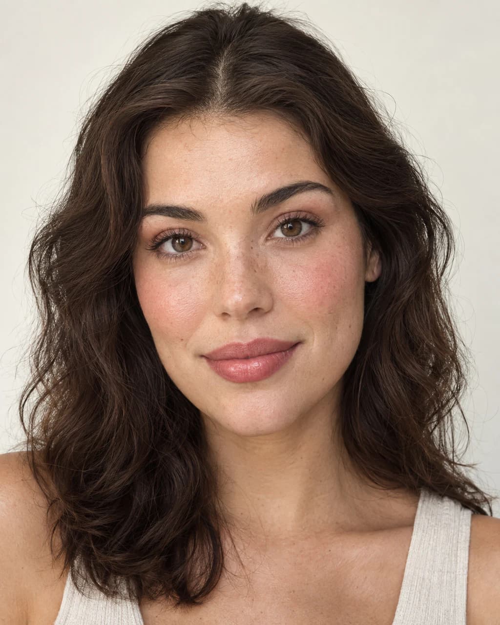 Synthetic adult sample portrait 1 showing a published makeup technique in neutral daylight.
