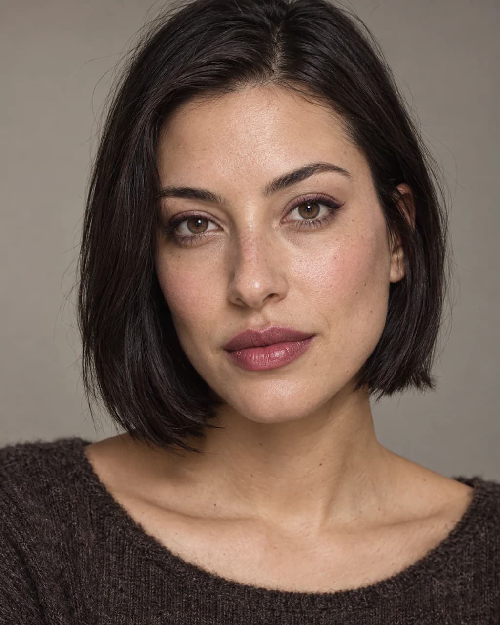 Synthetic adult sample portrait 3 showing a published makeup technique in neutral daylight.
